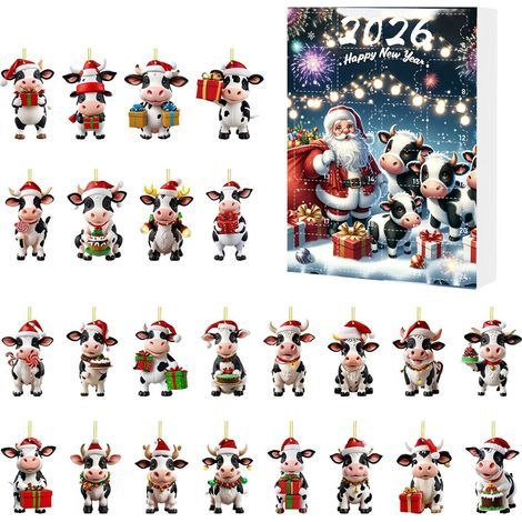 Adventskalender 2026 – Überraschungsbox – Weihnachtsmütze – Kuh – Acryl-Ornament – Weihnachtsbaum-Anhänger – Geschenkbox – Kuh C (1/3)