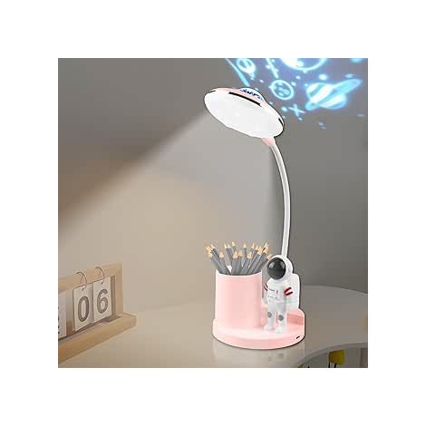 Schreibtischlampe Kinder, LED Astronaut Tragbar Leselampe mit Stern Projektion und Bleistifthalter, Schwanenhals Tischlampe Dimmbar Wiederaufladbare für Student Schlafsaal Studie Lesen (Rosa) [Energie