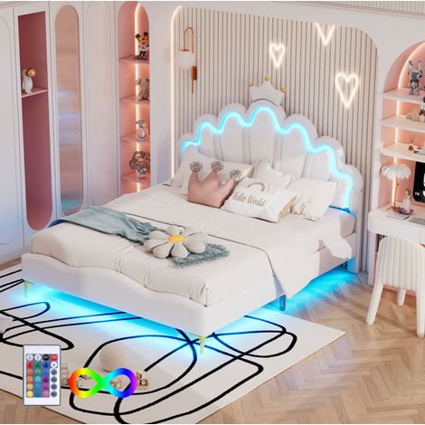 Cama doble tapizada 140/200 cm blanca de PU con LED y cabecero de corona regulable (1/5)