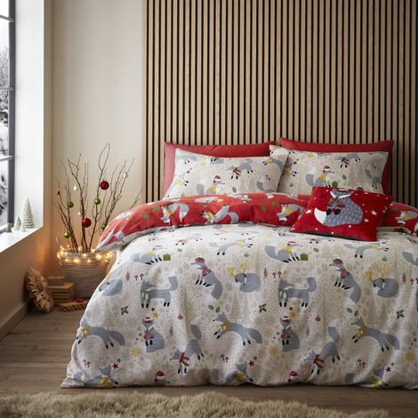 Housse de Couette Renard de Noël 230 x 220 cm Réversible 2 Couleurs 2 taies d'oreiller Literie de Noël Renards festifs des Bois Housse de Couette de Noël en Naturel et Rouge (1/4)