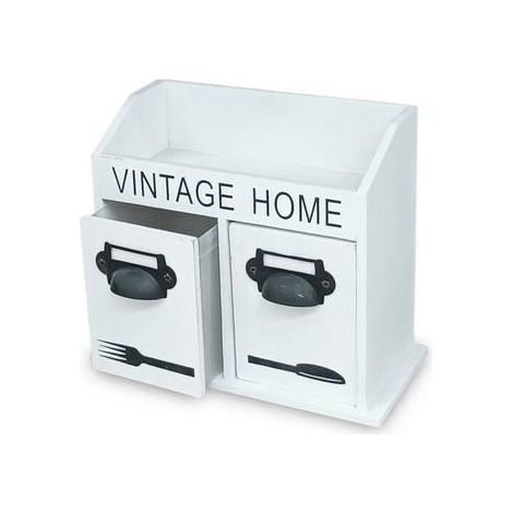 Porta posate legno bianco vintage, 21x10x17,5 cm
