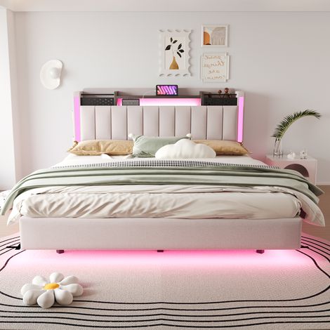 Lit suspendu beige 160x200 cm en tissu lin avec tête de lit rangement, éclairage LED et port USB, couchette pour enfant et adulte, literie rembourrée moderne (1/5)