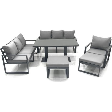 Fimous Outdoor Garden Furniture Set Aluminium Lounge Sofa Adjustable Rising Lifting Dining Table Sets with 2 Big Footstools Dark Grey (1/5)