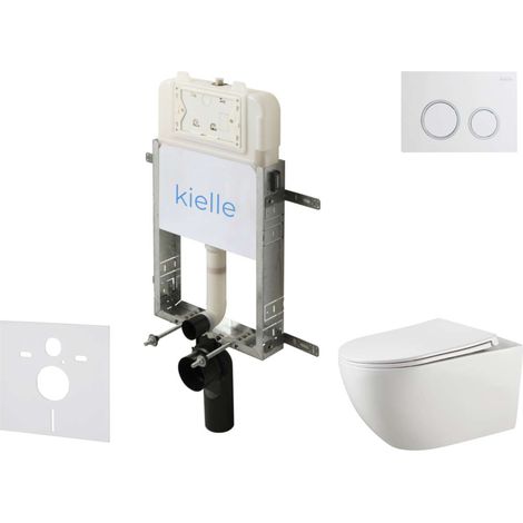 kielle Genesis New - Set bâti-support, WC Gaia, sans rebord, abattant softclose et bouton-poussoir Gemini New II, blanc brillant/chrome 30528SZ13