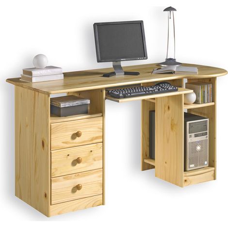 Idimex – Bureau droit en pin massif naturel – 3 tiroirs – 2 casiers – Plateau 140 x 67 cm – Tablette coulissante pour clavier (1/2)