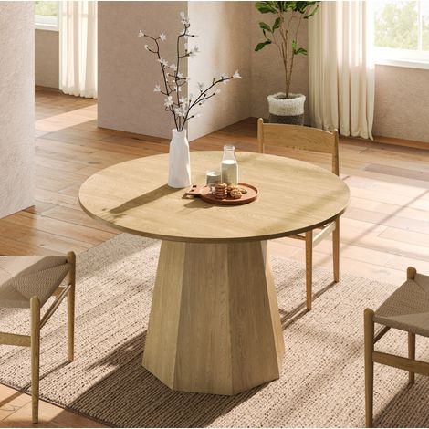Mesa de comedor redonda 120 cm, 4 a 6 personas, en MDF, color roble, estilo escandinavo (1/5)