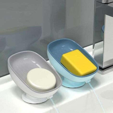 Set di 2 portasapone in plastica con foro di drenaggio - Portasapone da doccia con ventosa - Per bagno e cucina - Facile da pulire (blu e grigio)
