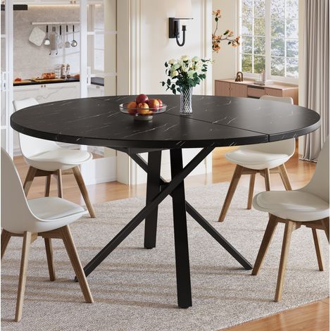 Mesa extensible redonda 100 cm a 140 cm, efecto mármol negro, tablero MDF y base metálica X, DESVIAE (1/5)