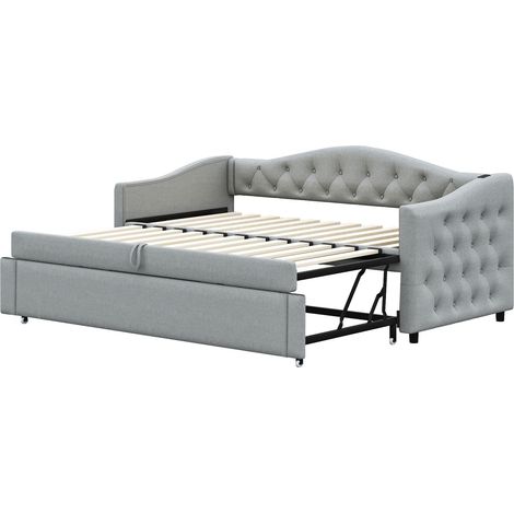 Letto imbottito convertibile 90 x 200 cm con USB, rete a doghe, grigio (1/5)