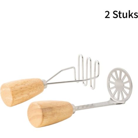 Set of 2 stainless steel potato mashers with wooden handles for preparing purees and baby food (1/5)