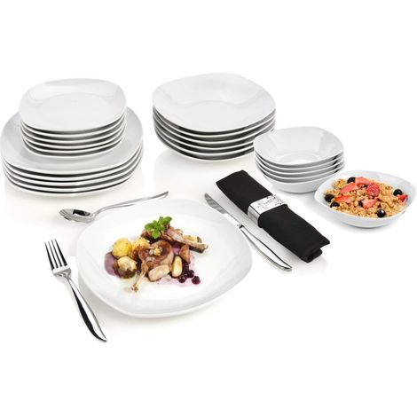 Service de table blanc, 24 pièces en porcelaine pour 6 personnes, set d'assiettes carrées, assiettes plates (1/5)