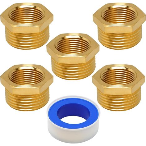 5 x Reduction 1/2 Female 3/4 Male Adapter, 1/2 Inch Female to 3/4 Inch Male BSP Brass Thread, Brass Nipple Reducers for Hose Connection Conversion + 1 Sealing Tape (1/5)