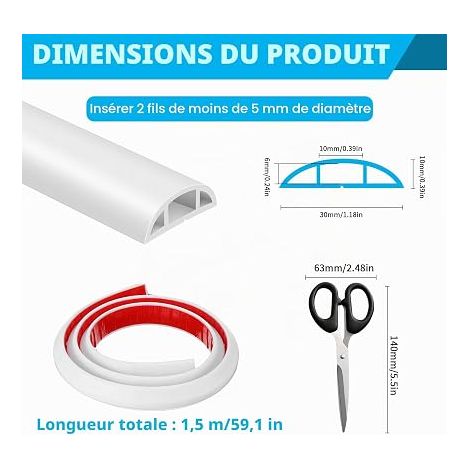 Cache Câble Mini Goulotte de Câbles, Cache Fil Electrique  Blanc Flexible Cache Cable pour 1 Fil, PVC Goulotte Passe Cable, 30 mm x 10 mm (1/4)