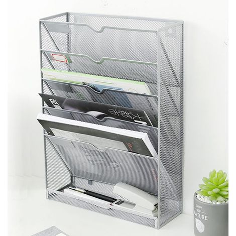 Organiseur mural à 5 niveaux, rangement vertical, bords brillants, fixation murale avec trou de suspension, argent. (1/5)