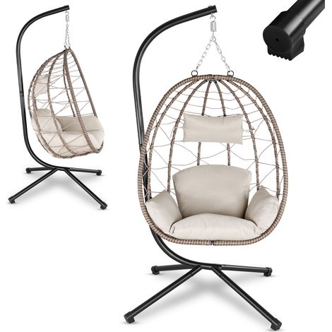 Juskys – Fauteuil suspendu Aria en rotin – Coussin moelleux – Réglable en hauteur – Pliable – Charge max 130 kg – Pour intérieur et extérieur