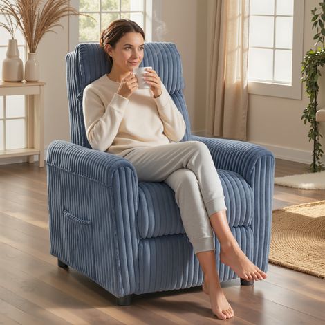 Sillón Relax Reclinable Manual Tapizado en Pana Instalación Rápida Reposapiés Acolchado Grueso Azul Oscuro (1/5)