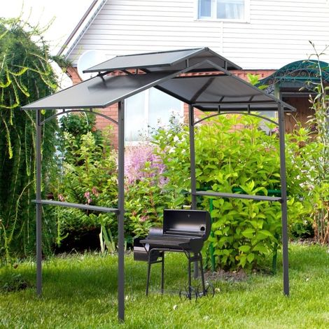 Gazebo BBQ 240x150x250 cm in acciaio nero, tetto in PC anti-UV per grigliate all'aperto (1/5)