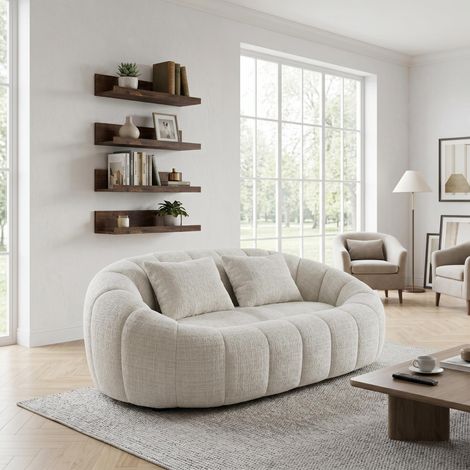 FurnitureR Wohnzimmer Set rundes gepolstertes Sofa mit 4 Wandregalen modernes Möbel Set komfortable Sitzlösung mit Aufbewahrung für kleine Räume Creme Holzoptik