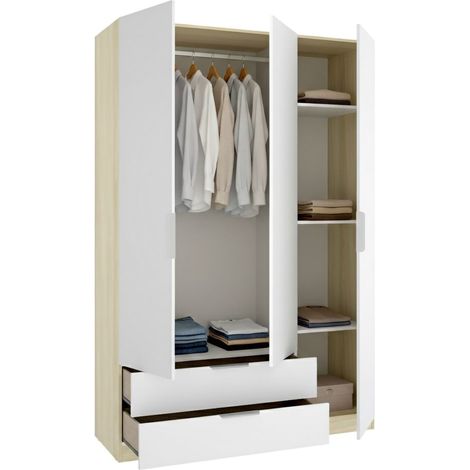 Guardarropa 3 Puertas Mayos, Armario Dormitorio Perchero, 2 Cajones, 3 Estantes, 51x137 cm Blanco
