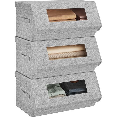 WOLTU 3x Faltbare Aufbewahrungsbox mit Deckel, Schrank Organizer mit Griffen, für Kleidung Bücher, Sichtfenster, Magnetverschluss, aus Vliesstoff, Grau + Beige