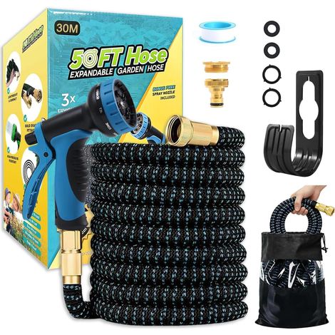 Tuyau Arrosage Extensible 30m/100ft, 10 Modes d'Arrosage, avec 1/2" et 3/4" Adaptateurs, Latex Triple Épaisseur Durable avec Raccords et Sac, pour Jardin, Arrosage, Nettoyage (30M/100ft) (1/5)