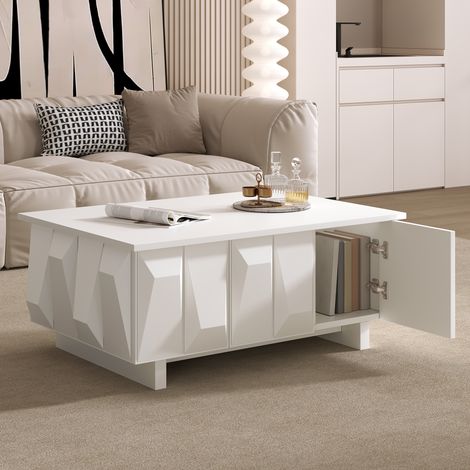 Table basse 95x67x39 - 5cm - table basse de salon - 3 portes motif 3D relief - grand plateau - rangement - moderne - blanc (1/5)