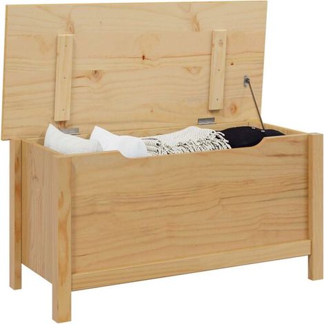 Boîte de Rangement en Bois Massif Pin, 90 x 40 x 45 cm, Couleur Miel, Grand Coffre de Rangement pour Jouets, Coussins ou Linge, Style Rustique et Naturel (1/5)