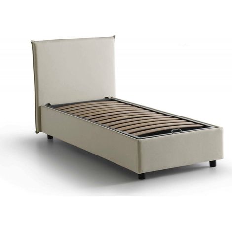 Talamo Italia Cama individual Candida, Cama contenedor con revestimiento de tela, 100% Made in Italy, Apertura lateral, adecuado para colchón Cm 80x190, Beige, con embalaje reforzado