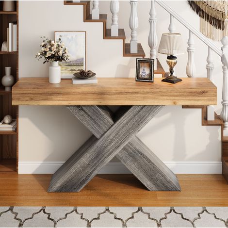 Console stretta 140 x 30 x 80 cm con piedini a X, truciolare, naturale (1/5)