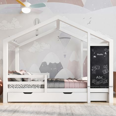 Letto a Castello per Bambini 90x200 cm con Lavagna e 2 Cassetti - Struttura in Legno Massello con Barriera di Sicurezza - Colore Bianco (1/5)