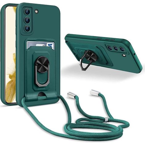 Lanière verte pour Samsung Galaxy S22 avec support anneau à 360°, emplacement pour carte, protection de l'appareil photo et coque en silicone (1/5)