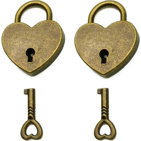 Set mit 2 Mini-Vorhängeschlössern in Herzform im Vintage-Stil mit Schlüssel, Antikbronze