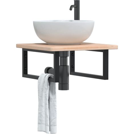Waschtischplatte mit Halterung Stahl und Massivholz Eiche