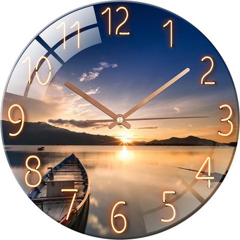 12 Pouces Horloges Murales Verre Silencieuse de Salon Cuisine Modernes Design Pendules Murales 30cm Horloge à Quartz Suspendue Fine Horloge Murale (Merveilles Mer) (Coucher de Soleil) (1/5)