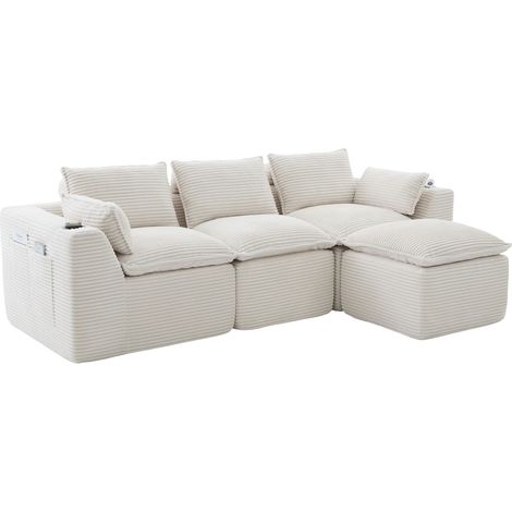 CHICFURN Divano modulare 3 posti con pouf 256x161x75 cm, velluto a coste beige, cuscini (1/5)