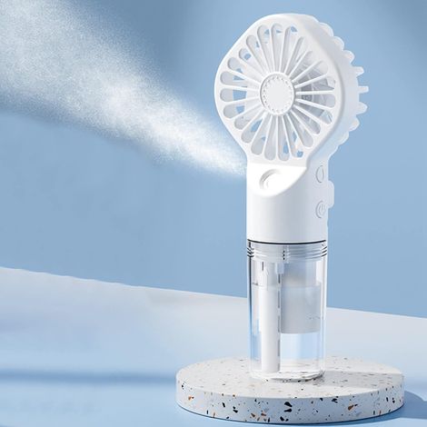 JSSEVN - Mini ventilador de mano recargable por USB, con 4 velocidades ajustables, ventilador personal con función de nebulización a pilas para uso en exteriores y camping (blanco). (1/4)