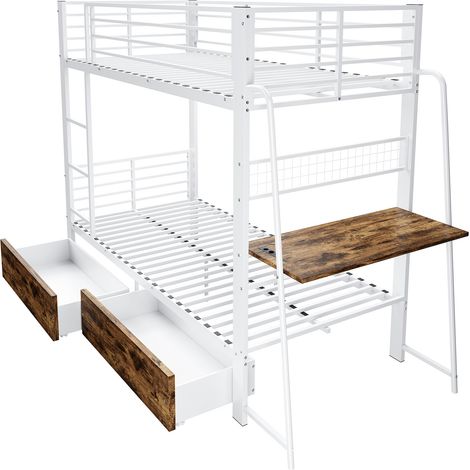 Lit superposé 90 x 200 cm avec bureau, LED et tiroir de rangement, structure métal MDF (1/5)