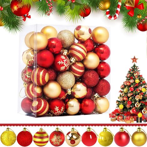 Boules De Noël,50 Pcs Décoration Sapin De Noel,Boules De Noël En Plastique Avec Lanière,Boules De Noël À Suspendre,Boule D'arbre De Noël Pour Sapin De Noël,Décoration De Fête,Mariage (Rouge Et Doré) (1/5)