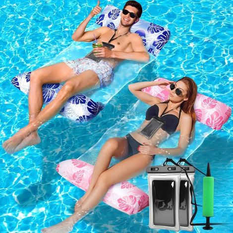 Bouee Piscine Adulte 4 in 1 Hamac Piscine Gonflable 2 Pièces Matelas Gonflable Piscine PVC Hamac de Piscine Matelas Piscine Filet Hamac Flottant pour Les Vacances à la Plage (1/5)