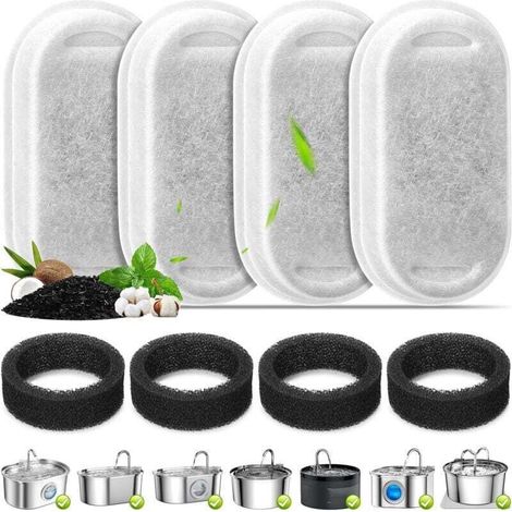 SABIR Lot de 4 filtres pour abreuvoirs pour chats, filtres de rechange et éponges de préfiltration pour abreuvoirs en acier inoxydable de 3,2 L/108 oz et 67 oz/2 L (1/4)