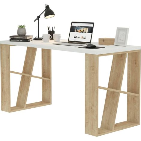 Bureau Pupitre Polyvalent, Table de Bureau pour PC, Plan de Travail, 140x60h75 cm, Blanc et chêne (1/5)