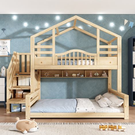 Lit Superposé enfant 90x200 et 140x200 Lit cabane avec 3 escalier rangementt et etagères, Bois Massif, Naturel (1/5)