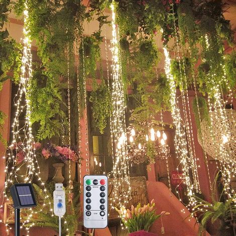 Guirlande Lumineuse Solaire, 10 Brins 200 LED Faisceau Lumineux à LED Décoratives avec Télécommande, 8 modes étanches Chaîne de Lumière Blanche Chaude pour Jardin, Fête, Noël, Mariage (1/5)
