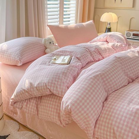 Housse de Couette 220x240 à Carreaux Vichy Rose et Blanc Moderne (1/5)