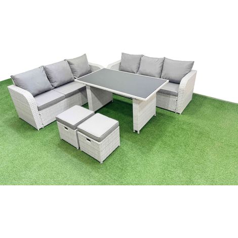 Fimous 8 Seater Rattan Outdoor Dining Table 3 Seater Sofa Set with 2 Small Stools Light Grey (1/4)
