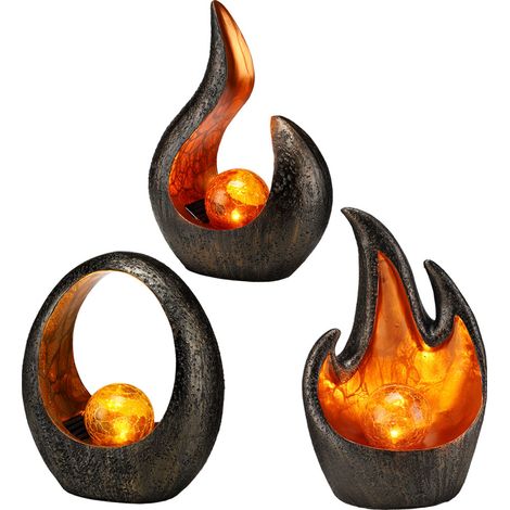 3x LED Solar Tisch Leuchten Garten Dekoration Sichel Flamme Oval Design Balkon Außen Lampen GRAU GOLD