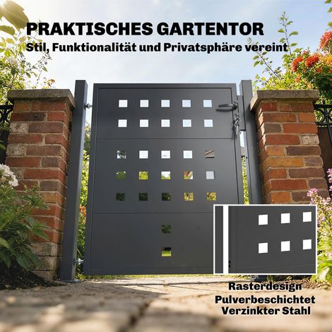 Portail jardin acier galvanisé 105x130 cm gris foncé, porte métallique extérieure avec poignée et serrure 3 clés, portillon clôture verrouillable