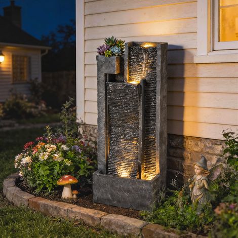 Fontaine de jardin extérieure cascade 3 niveaux fontaine eau jardinière et mur d'eau moderne lumineuse 24 LED 101cm gris