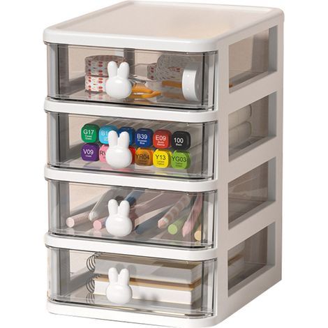 Boîte de Rangement de Bureau Transparente à Poignée Lapin, Organisateur de Tiroirs pour Fournitures de Bureau, Grande Capacité, 4 Niveaux (13.4x17x21cm) (1/5)