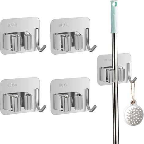 Support Pour Balai - Adhésif Sans Perçage - Acier Inoxydable - Pour Cuisine Garage Jardin - 1 Pièce (1/5)